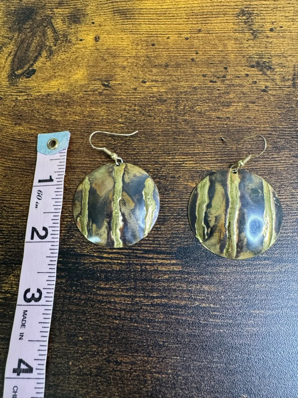 🍄Hand Crafted Gold Textured Round Drop Earrings - Copper and Brass - Picture 6 of 8